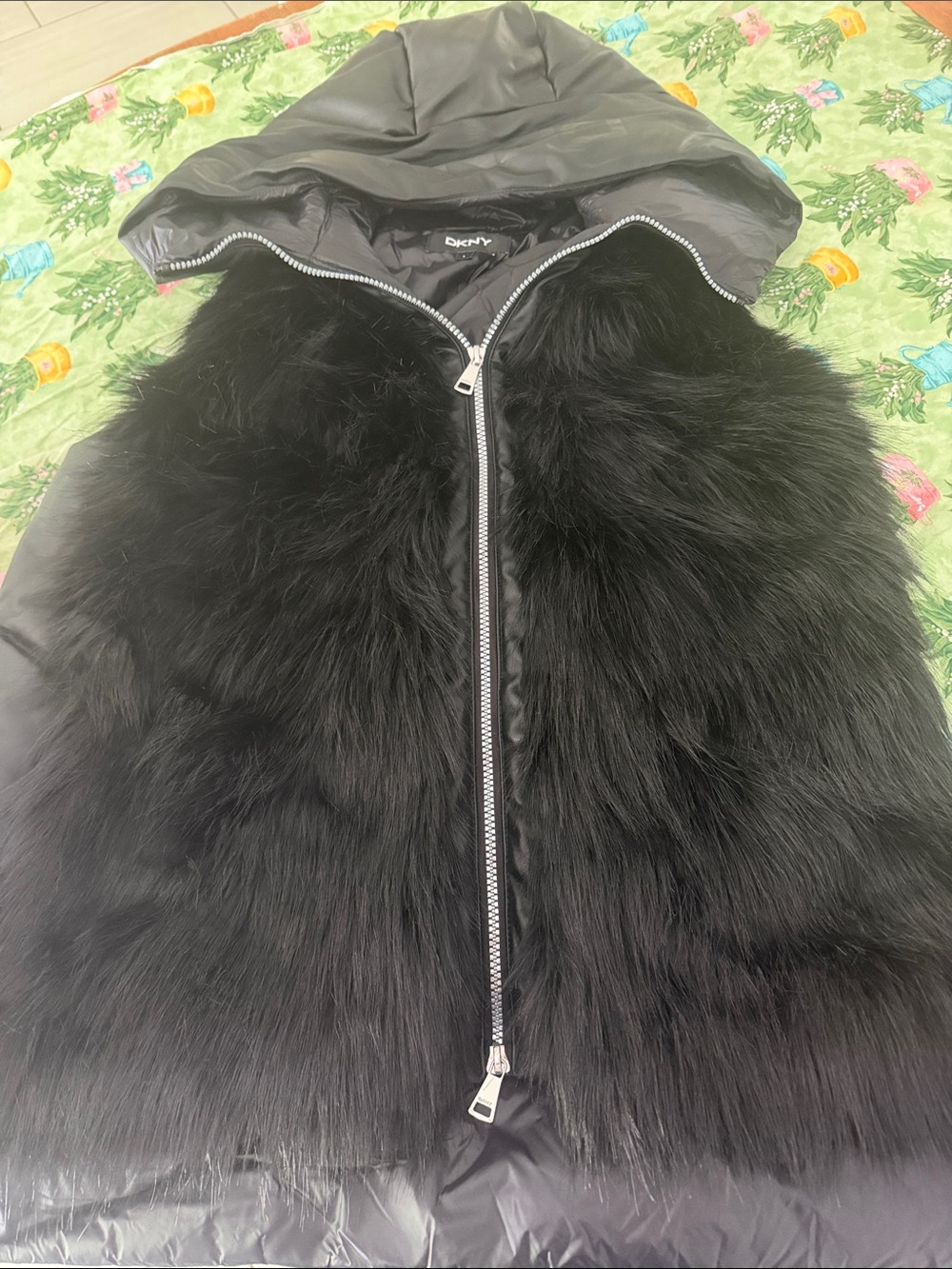 DKNY Black Faux Fur Hooded Vest with Silver Zipper Pull